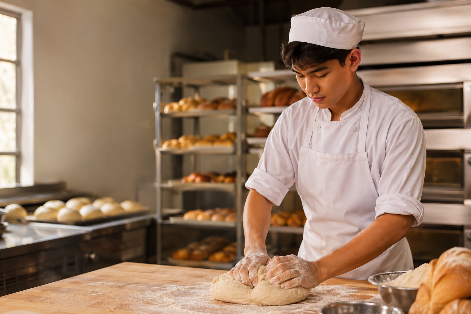 A student baker kneading dough in a bakery training kitchen